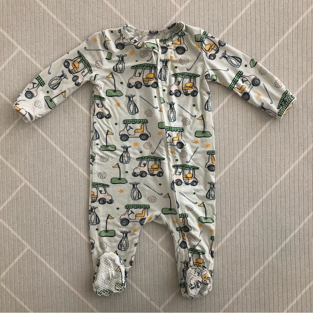 CADEN LANE Light Green Golf Cart Print Footie Baby Boy’s Size 3M